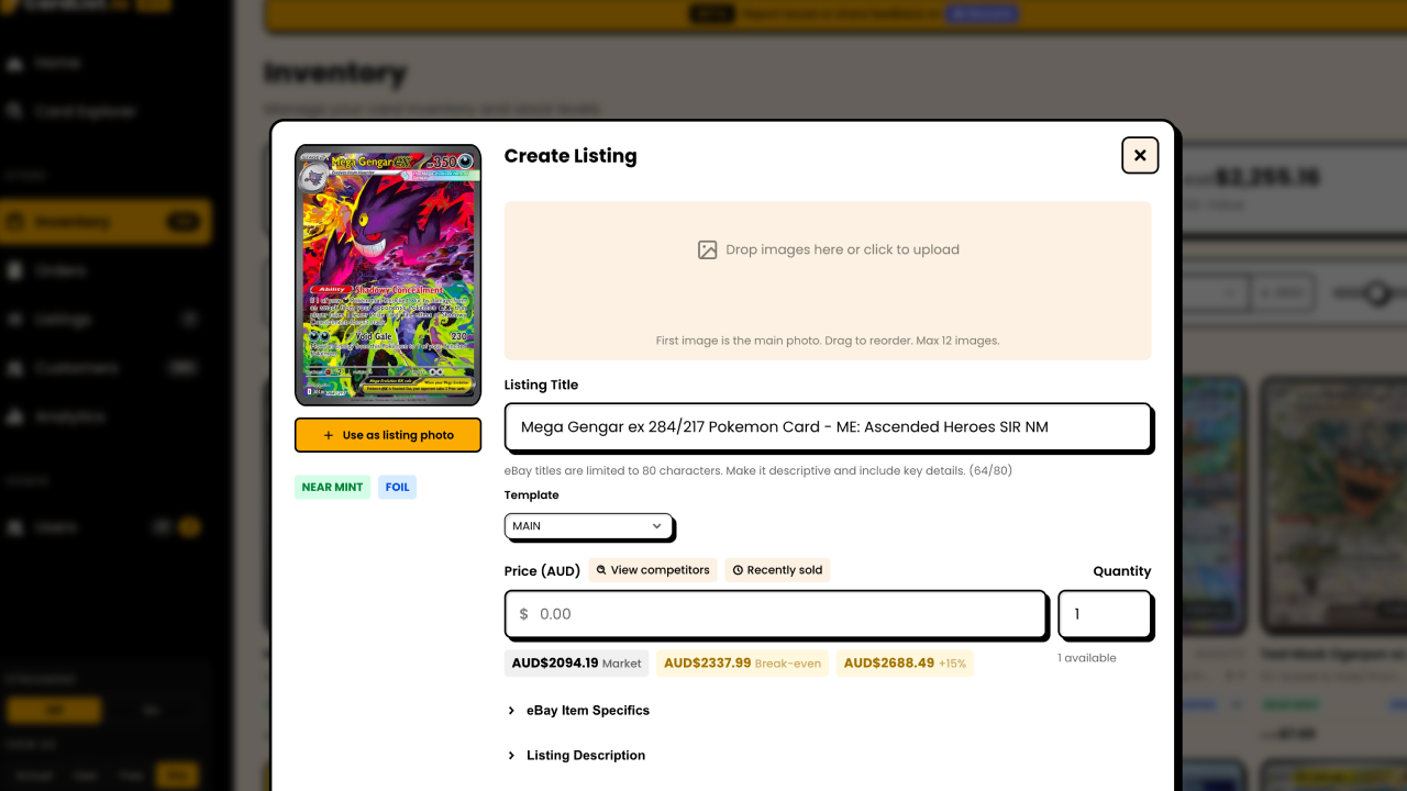 The CardList eBay listing modal, creating a listing to sell a Pokemon card.