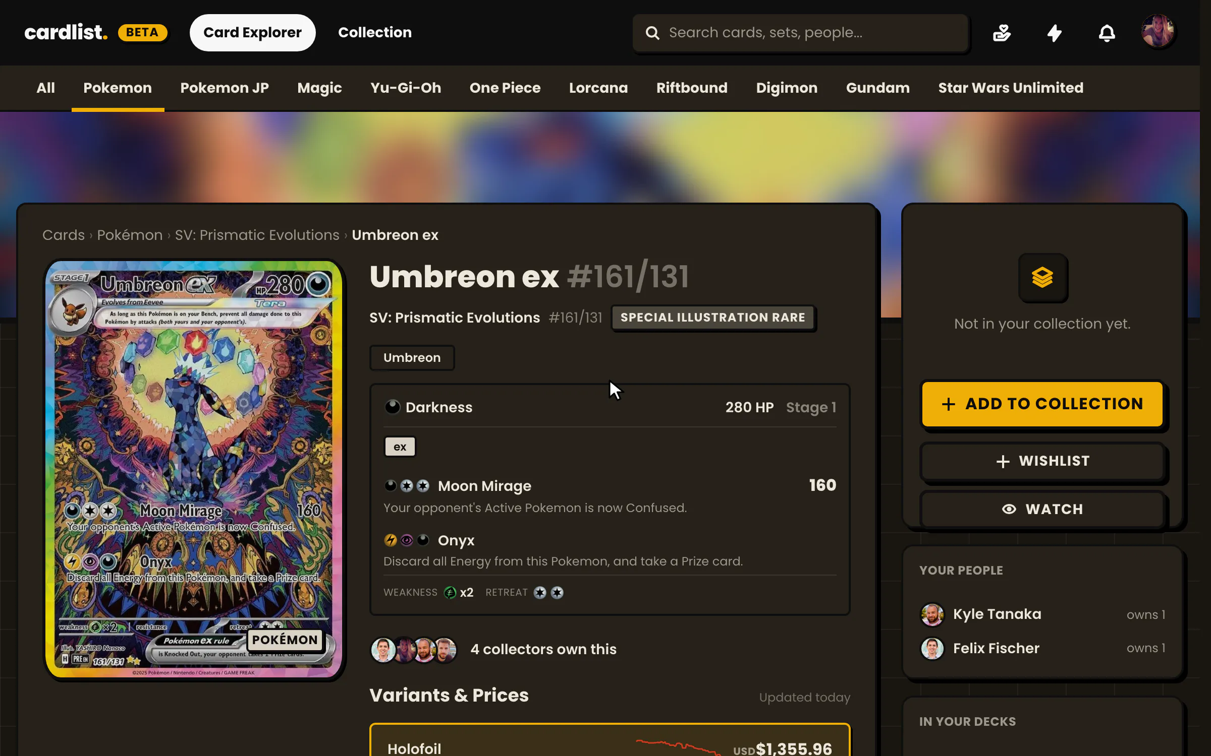The Umbreon ex card page with its Add to collection button