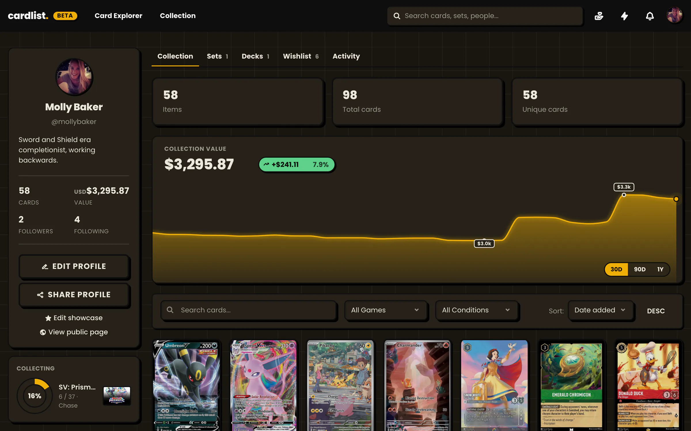 An example profile with its collection, sets, decks and wishlist